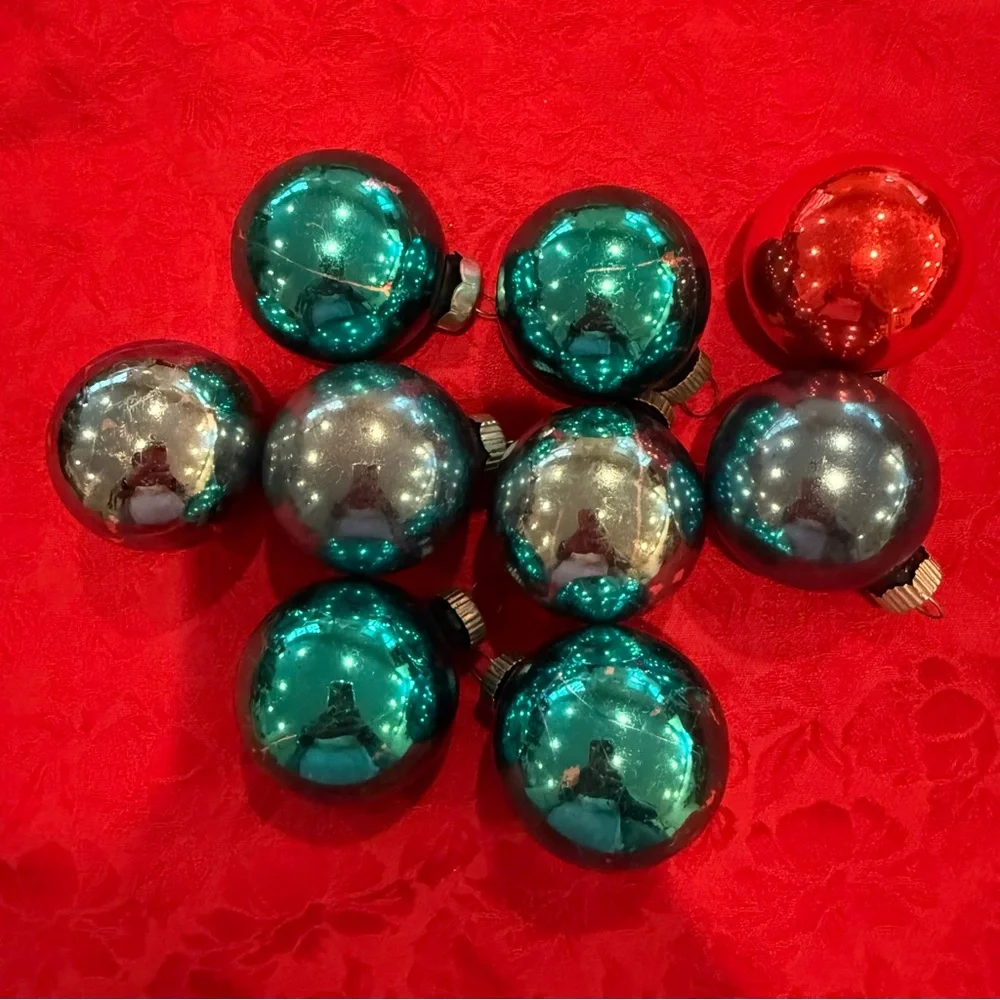Vintage 9 Shiny Brite Christmas Ornaments Green Blue